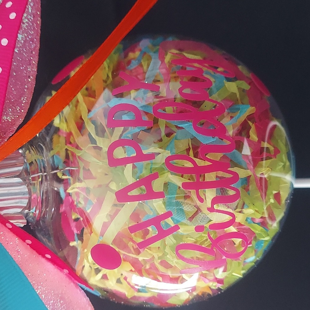*🆕 Happy Birthday, Confetti Plastic Bulb, White Stand with Colorful Ribbons NEW
